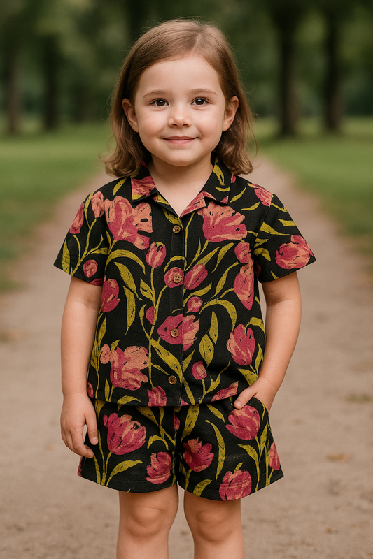 Shorts Sleeves Collared Tshirt with Shorts Sets (Black Floral)