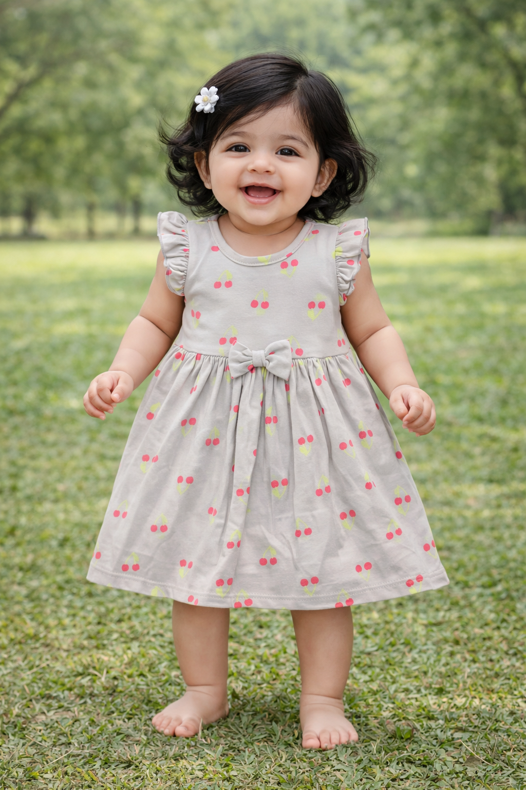 Half Sleeves Frill Frocks with BOW (Grey Small Cherry)