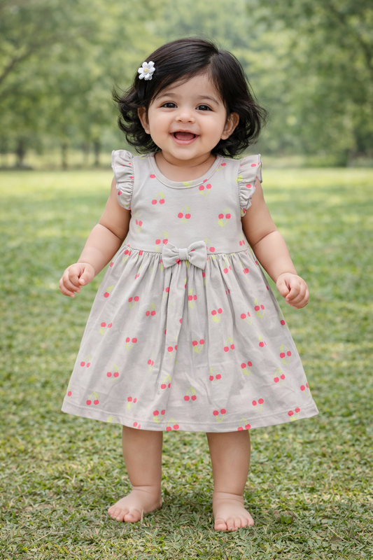 Half Sleeves Frill Frocks with BOW (Grey Small Cherry)