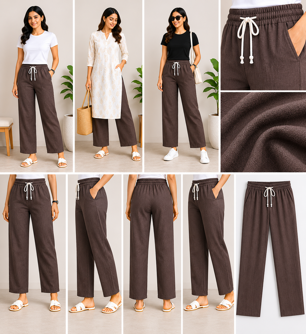 Linen Cotton Straight Pants for Women (Mocha Brown)