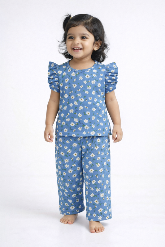 (FT009) - Frill Top & Palazzo Pant set (Blue Floral)