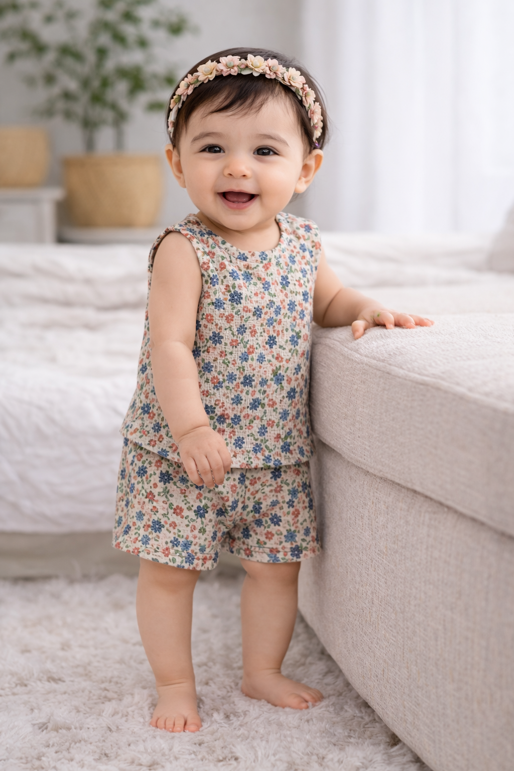 Infant Cotton Sleeveless Co-ord Set | Baby T-shirt & Shorts Set ( Brown Blue Small Flower)