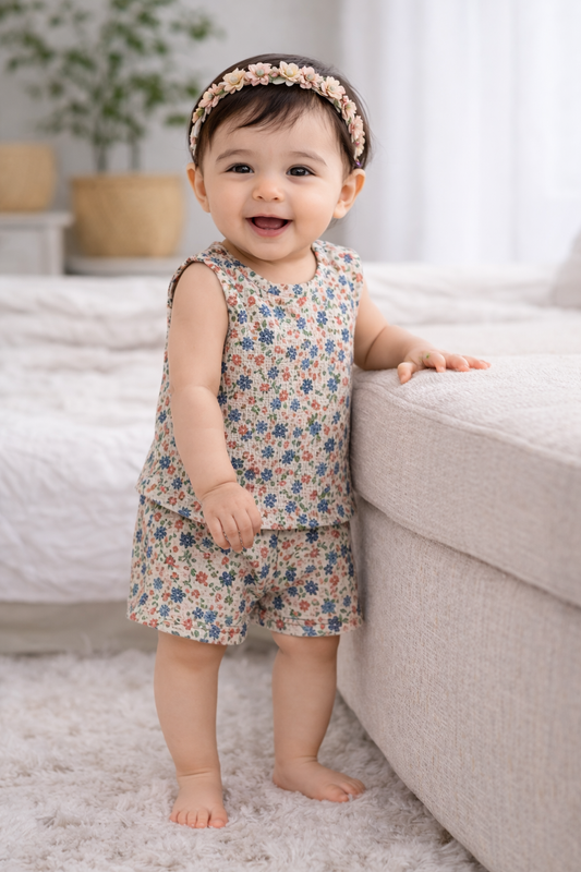 Infant Cotton Sleeveless Co-ord Set | Baby T-shirt & Shorts Set ( Brown Blue Small Flower)