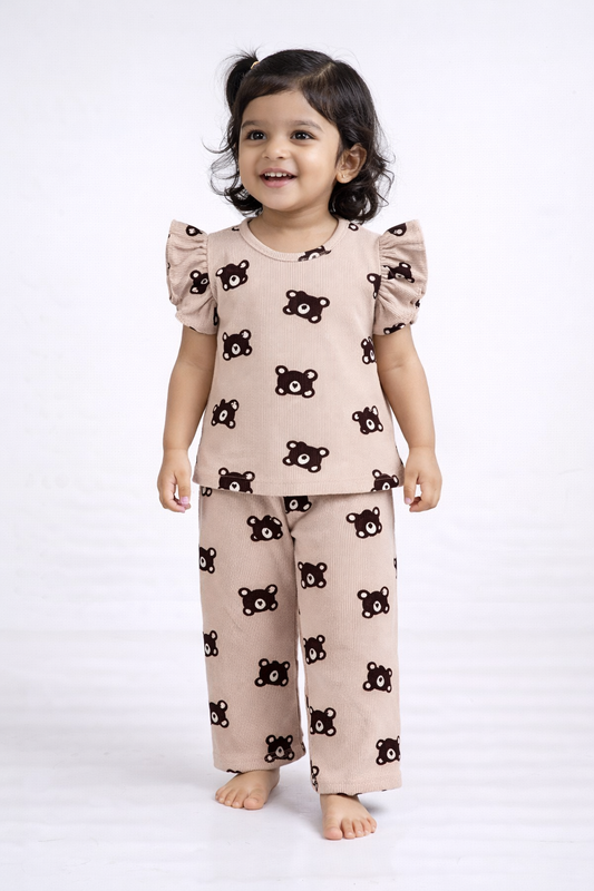 (FT006) - Frill Top & Palazzo Pant sets(BROWN  Bear)