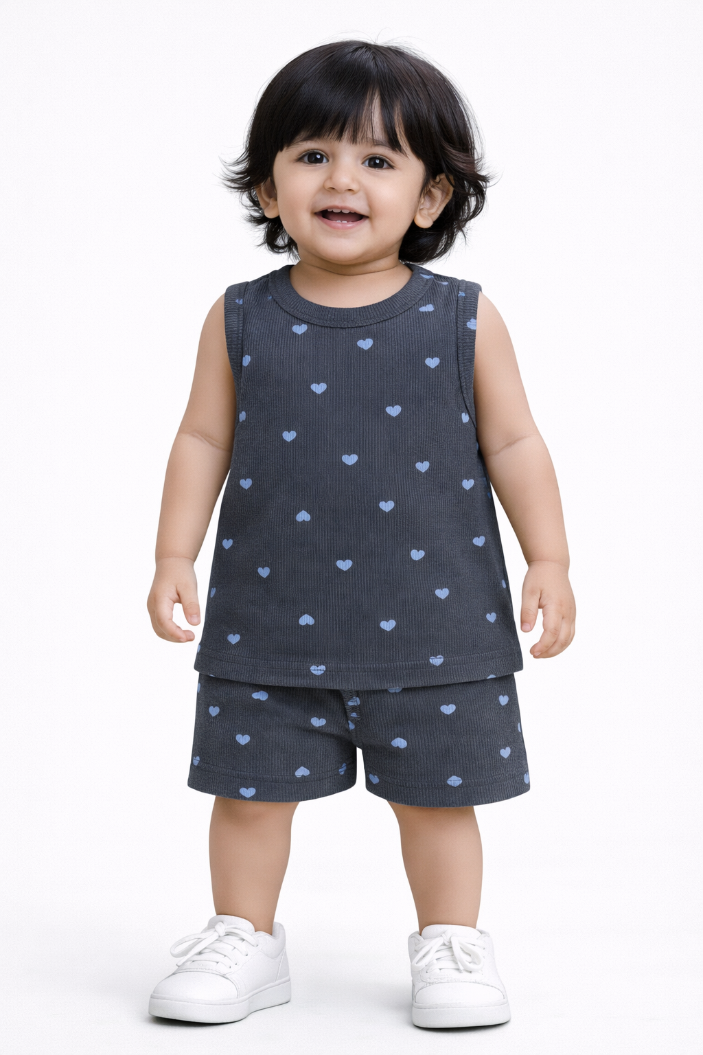 Ribbed  Sleeveless Shorts Sets (Navy Blue Hearts)