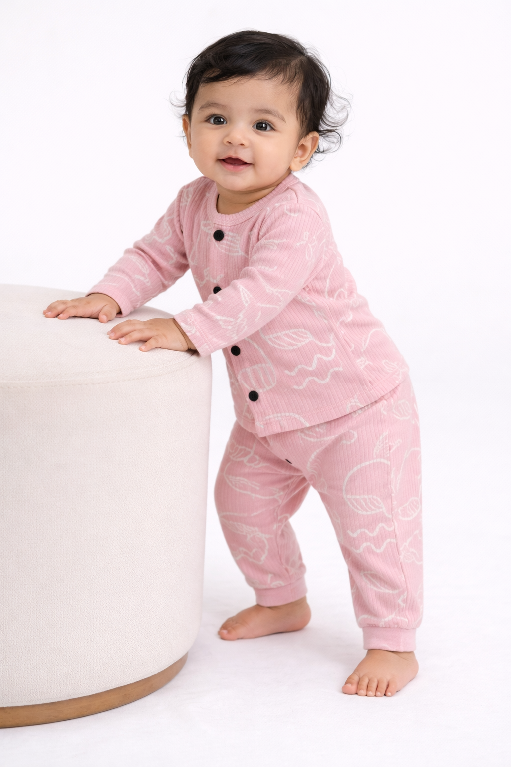 Front Open Full sleeves Ribbed Tshirt with Pant (Cute Pink Fish)