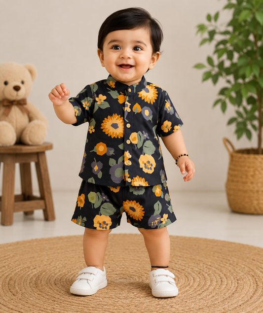 Airport - Kids Muslin Co-ord Set – Front Open Collar Shirt & Shorts ( Black Big Flowers) (Copy) (Copy)