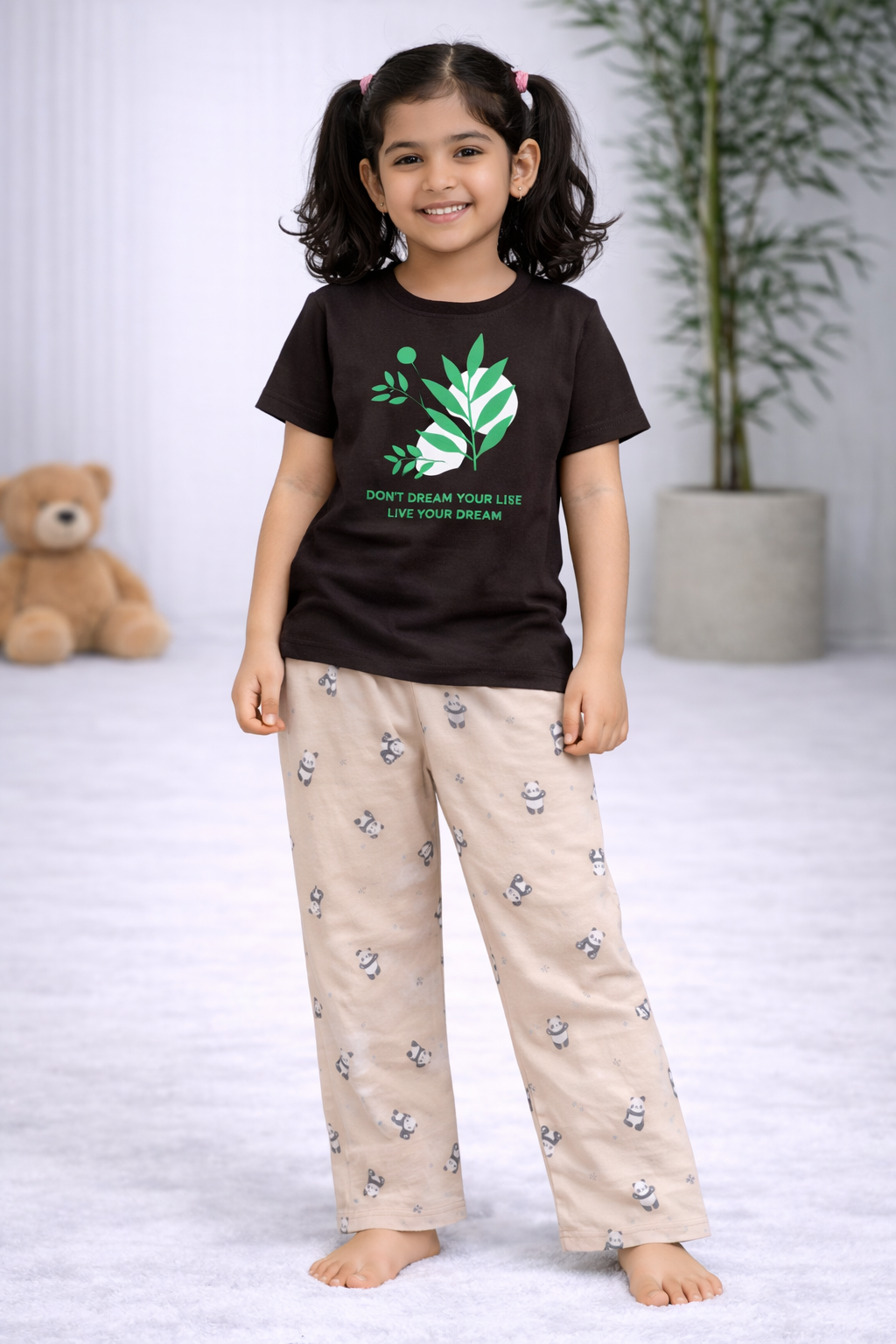 Premium Cotton Contrast Half Sleeves Pajama Set (Brown Flower- Ton Panda)