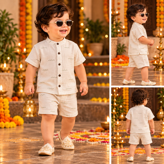 Airport Kids Cotton Muslin Shirt & Shorts Set (Cream green Design)