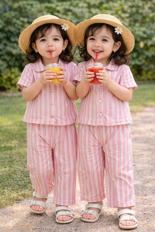 Collar front open T-shirt  & Palazzo Pant set (Cream and Peach Stripes)