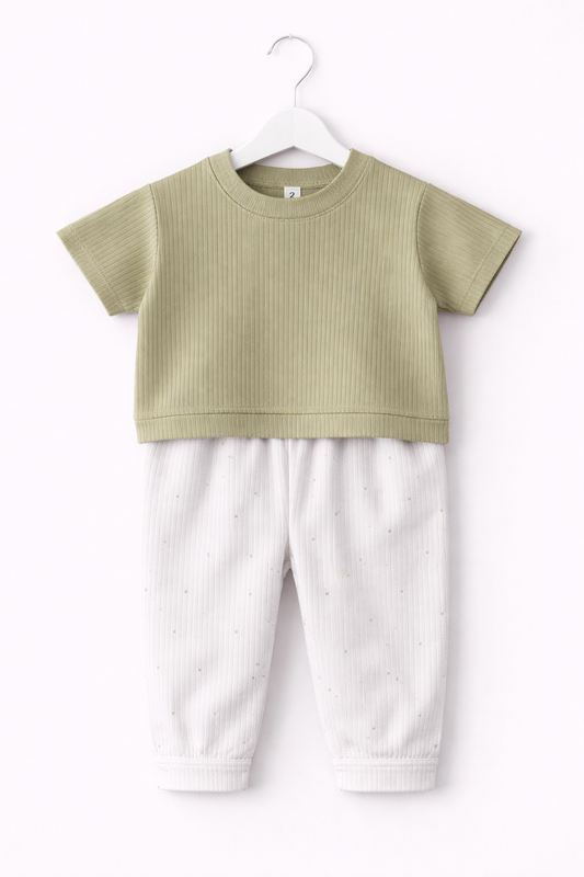 Premium Ribbed Half sleeves Tshirt with Contrast Pant( Green and White Dots)