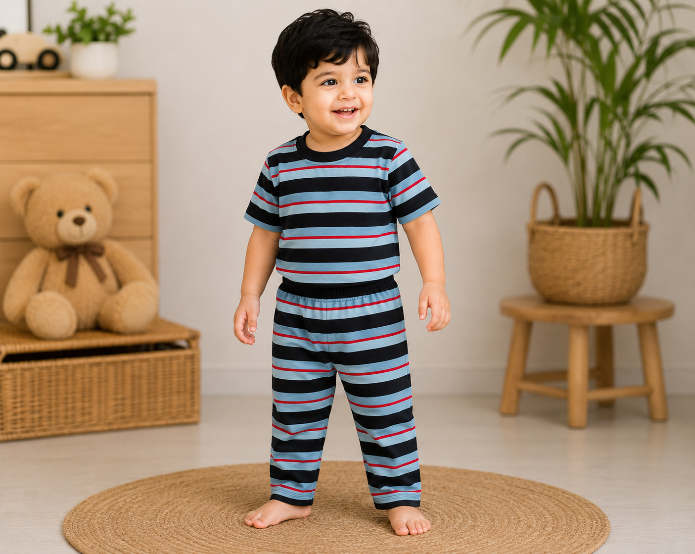 Soft Cotton Half sleeves Tshirt with Pant ( Black Red Stripes)