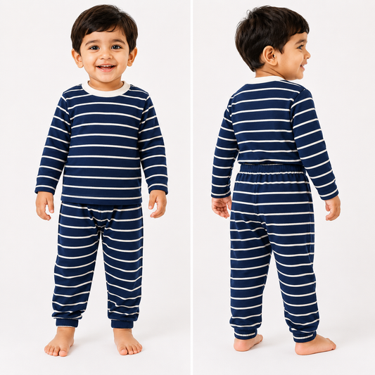 Soft Cotton Full sleeves Tshirt with Pant ( Navy White Stripes 2)