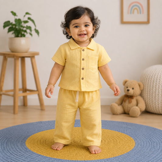 Premium Muslin Collar Co-ord Set – Shirt & Pant (Yellow) | 0-4 Yrs