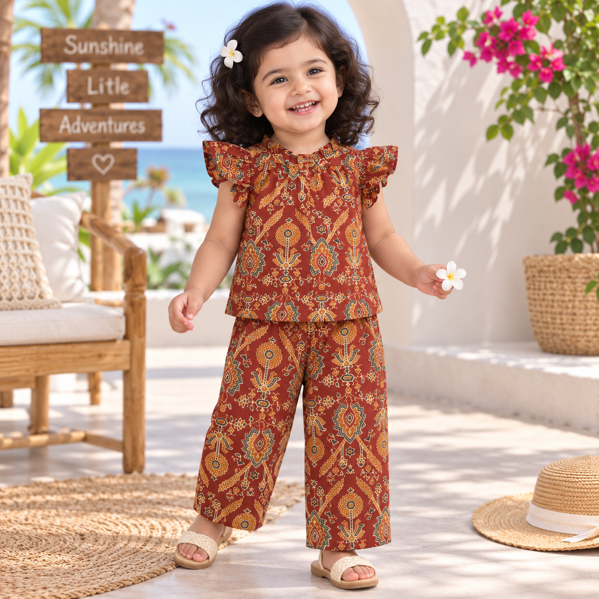 Girls Casual Cotton Printed Frill Top & Pant Co-ord Set (0-11 Yrs) (C059)(Copper Brown)