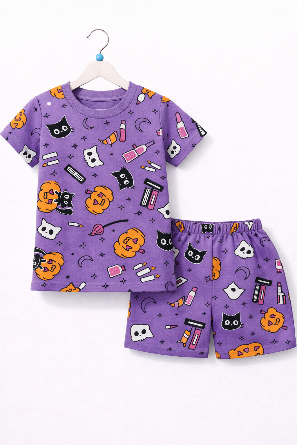 Shorts Sleeves Tshirt with Shorts Sets (Lavender Yellow Cat )