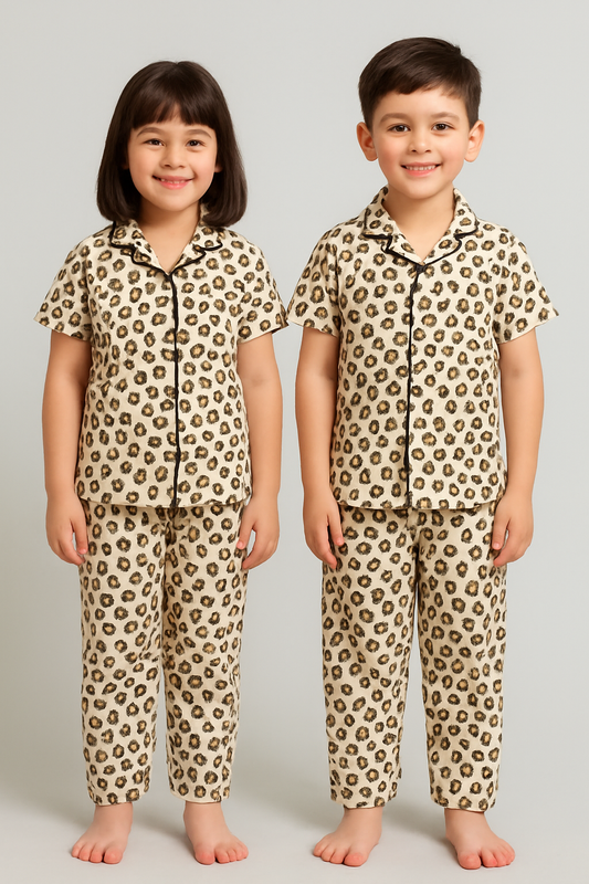 Kid's Collar night Suits ( Brown cheetah)