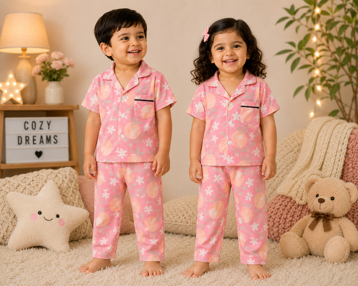 Premium Cotton Collar Half Sleeves Night Suit Sets (Fanta Fruits)