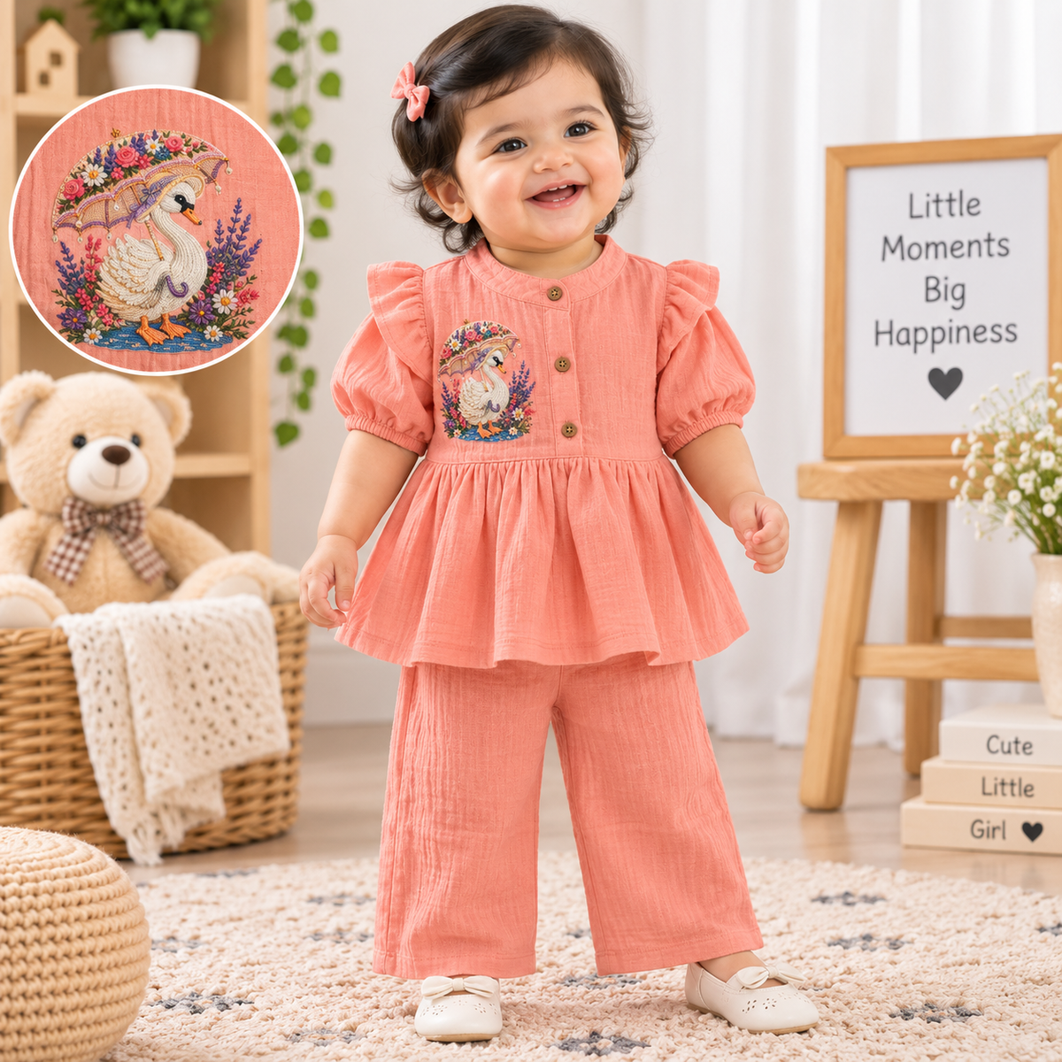 Airport - Kids Muslin Print  Balloon Sleeves Frock With Pant ( Salmon Duck)