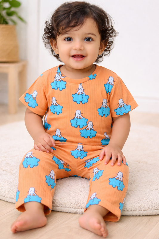 Premium Ribbed Half sleeves Tshirt with Pant (Orange Tree)