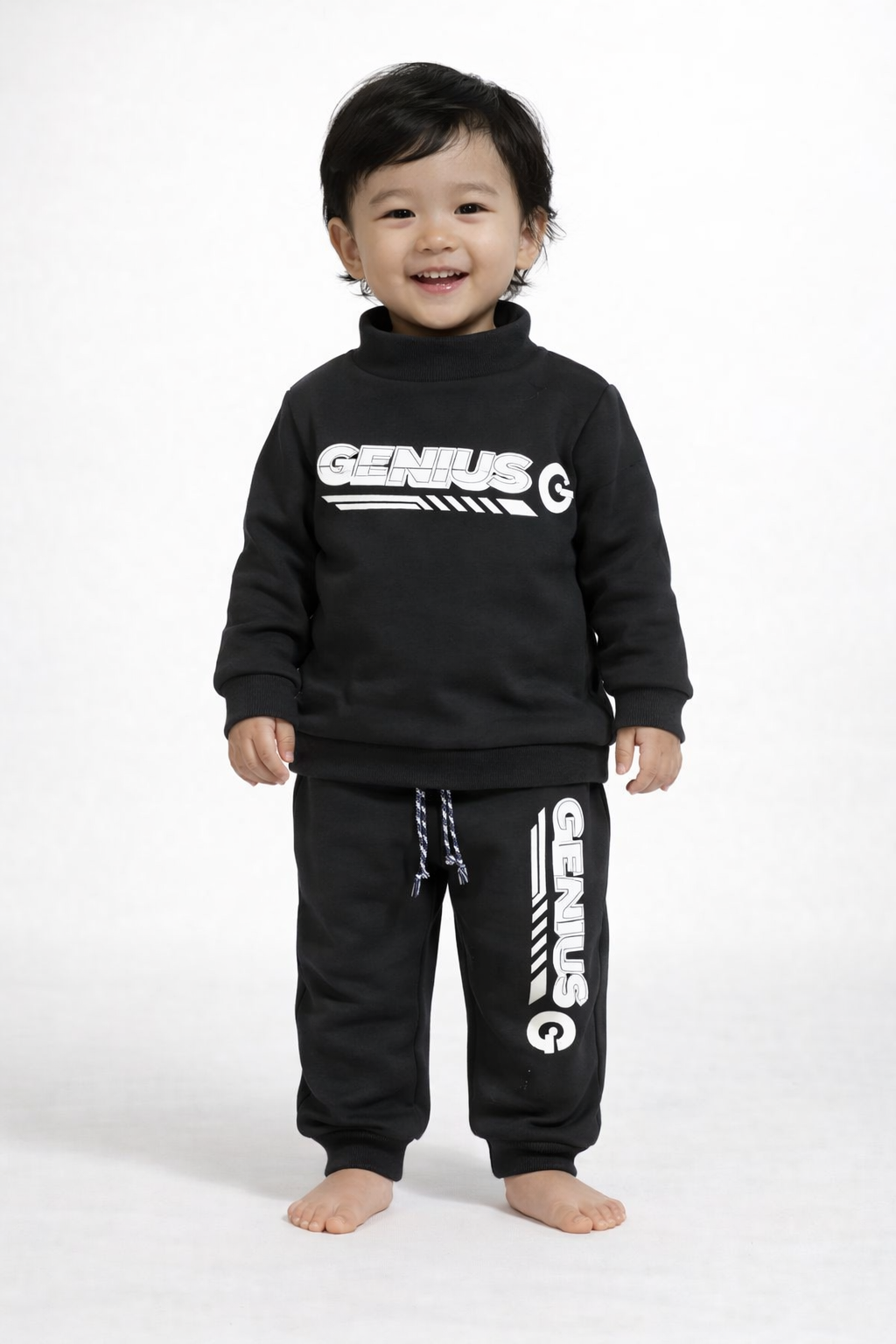Premium Winter High Neck Pant Set For Kids(Black -Genius)