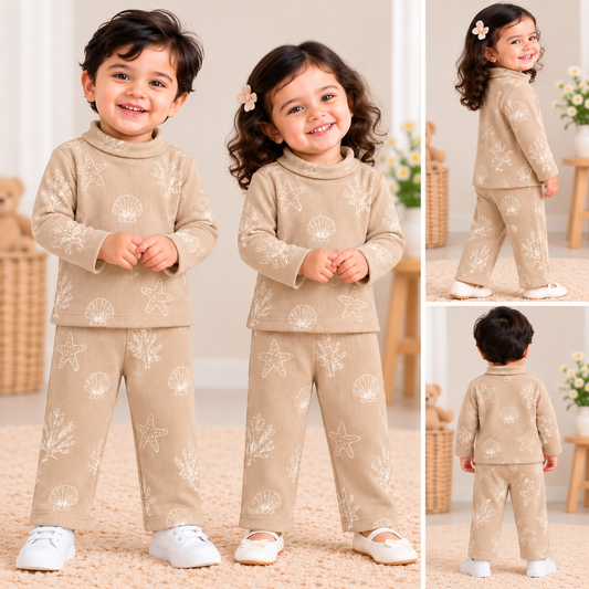 High Neck Ribbed  Full sleeves Tshirt with Pant (Sand Star)