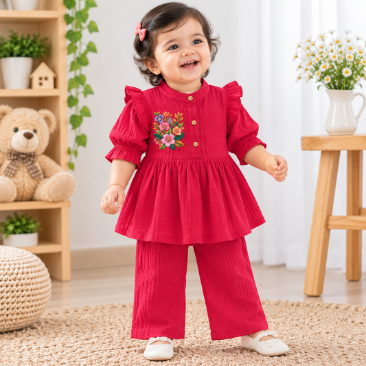 Airport - Kids Muslin Print  Balloon Sleeves Frock With Pant ( Red Flower)