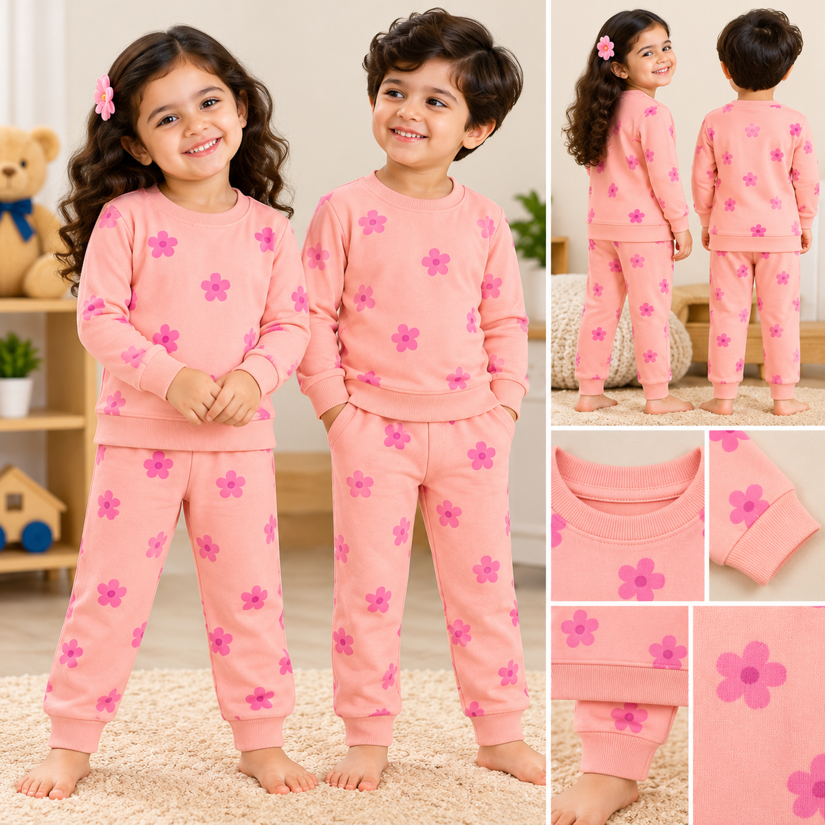 Premium Winter Full Sleeves T-Shirt with Pant (Orange  Pink Flower)