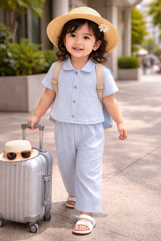 Collar front open T-shirt  & Palazzo Pant set (White and Blue Stripes)