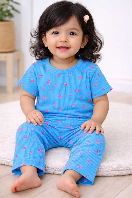 Premium Ribbed Half sleeves Tshirt with Pant (Bright Blue Floral)