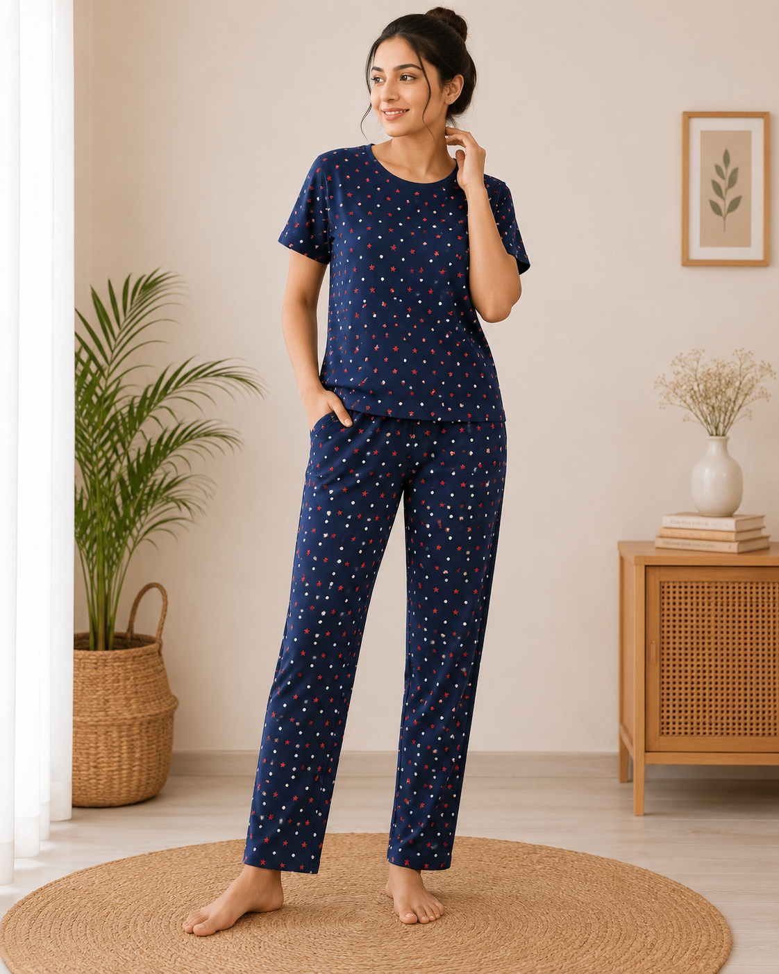 Women's Premium Cotton T-Shirt & Pant Co-Ord Set Lounge Wear With Pocket (Navy Stars Dots)