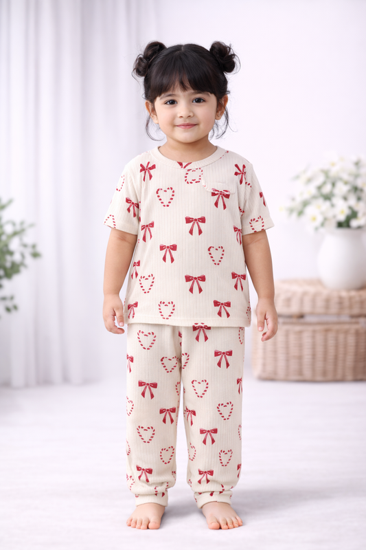 Premium Ribbed Half Sleeves Pajama Set (White Polka)