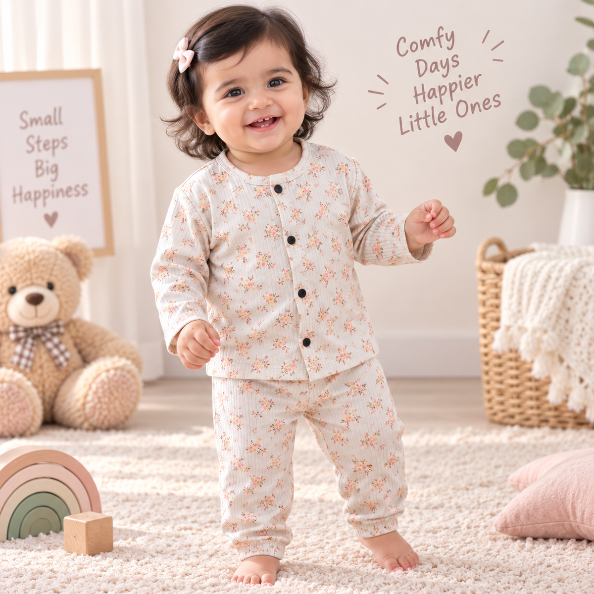 Kid's Front Open Lounge Wear Sets (Cream Orange Floral )