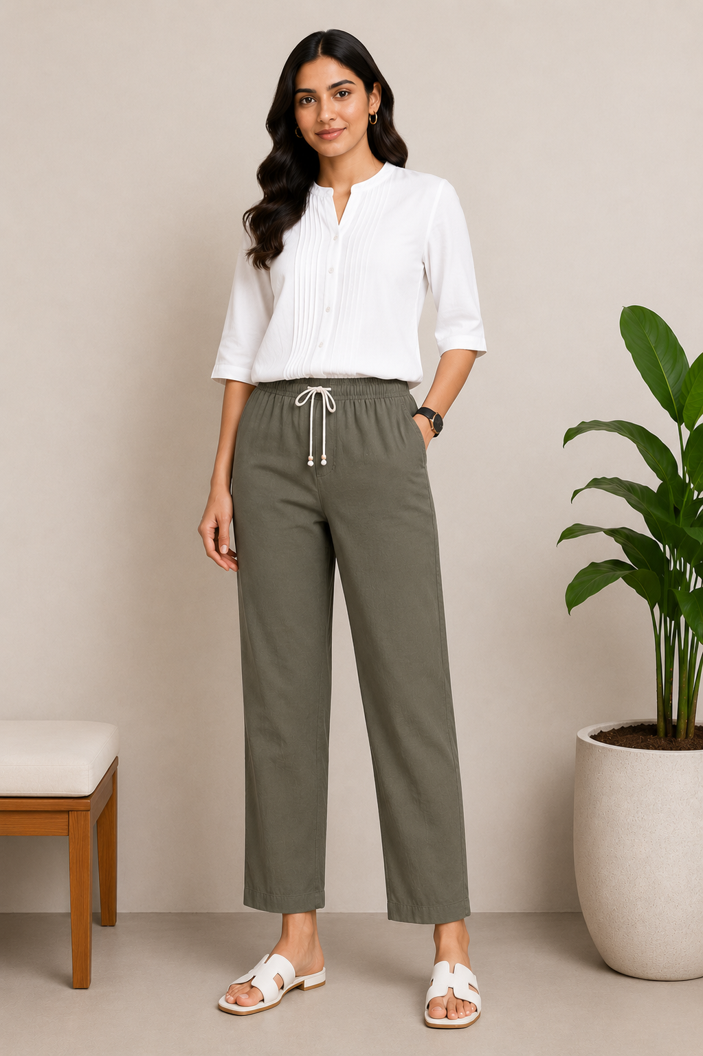 Linen Cotton Straight Pants for Women (Olive Shade)