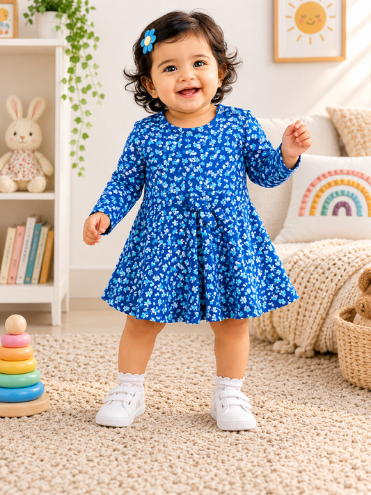 Full Sleeves Frocks with Shoulder Buttons (Navy Floral)