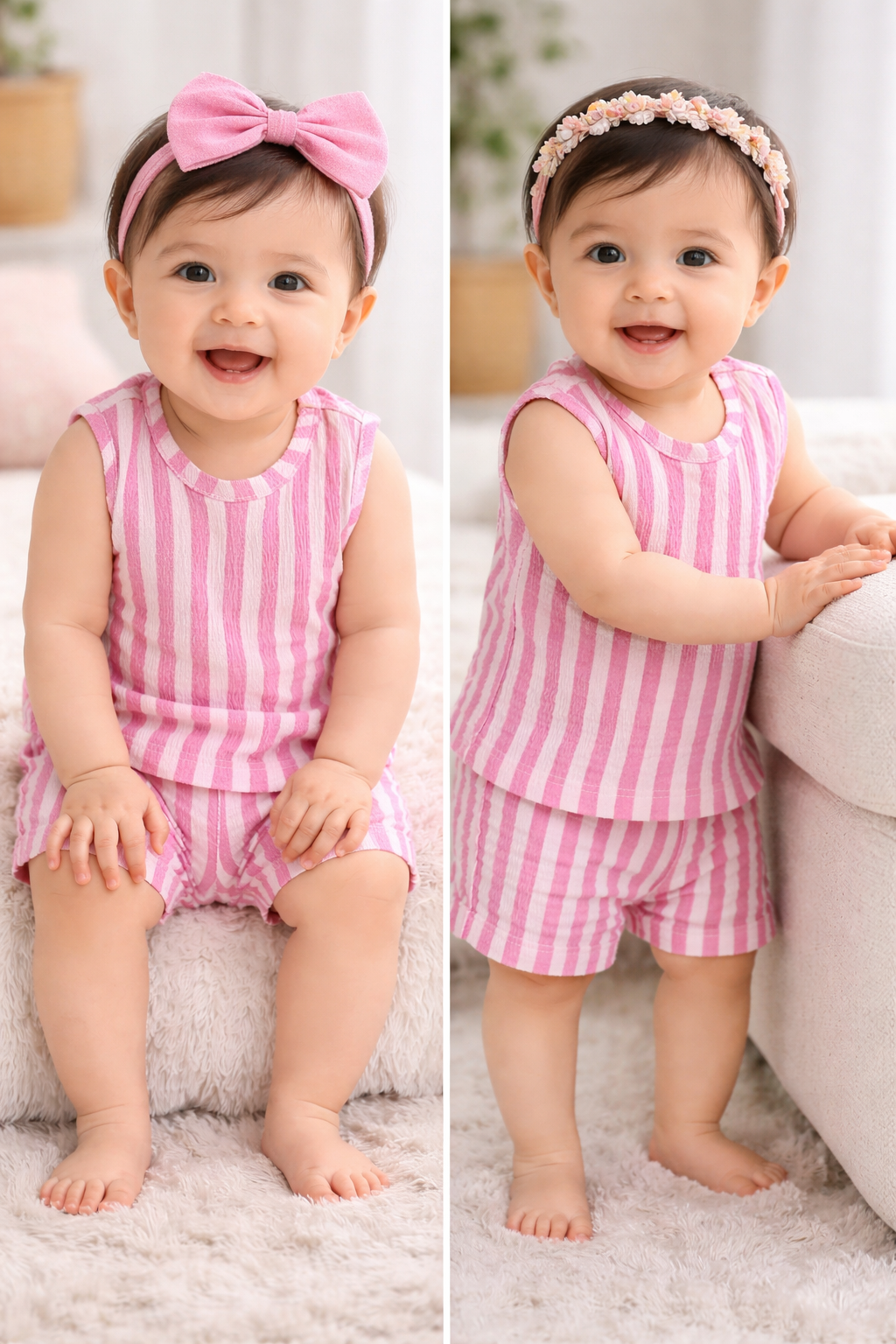 Infant Cotton Sleeveless Co-ord Set | Baby T-shirt & Shorts Set ( Pink Stripes)
