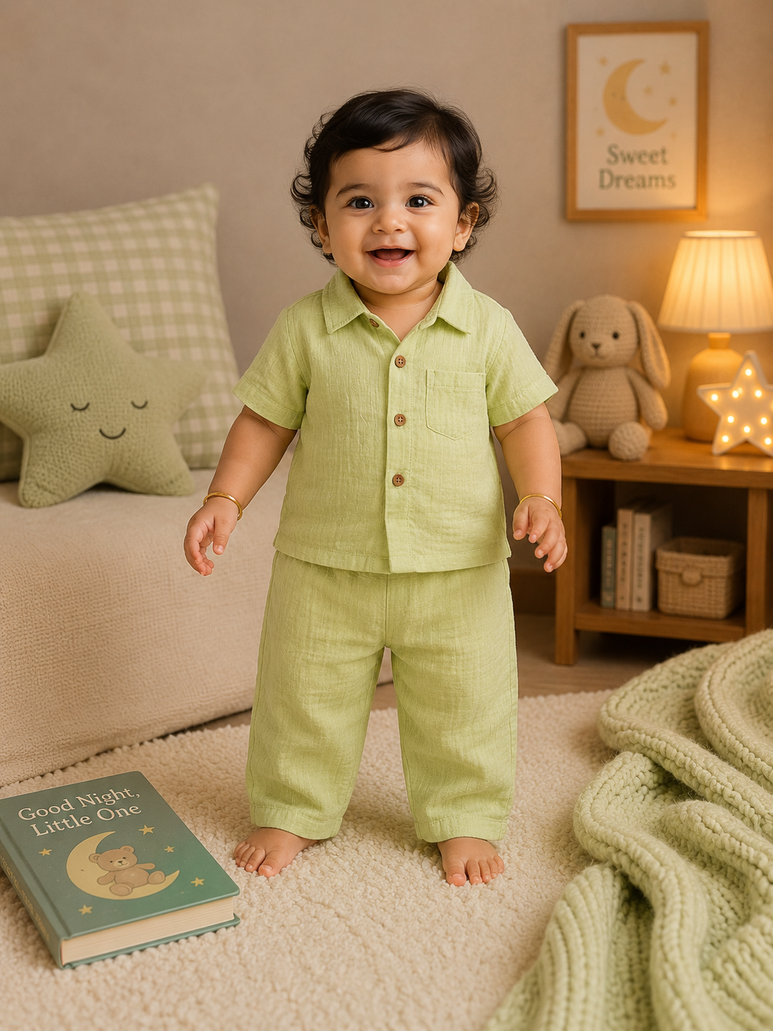 Premium Muslin Collar Co-ord Set – Shirt & Pant (Lime Green) | 0-4 Yrs