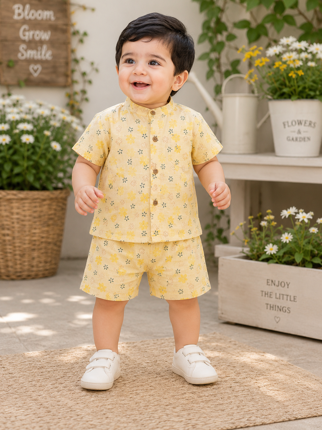 Airport - Kids Muslin Co-ord Set – Front Open Collar Shirt & Shorts  (Sandle Colorful Flowers)