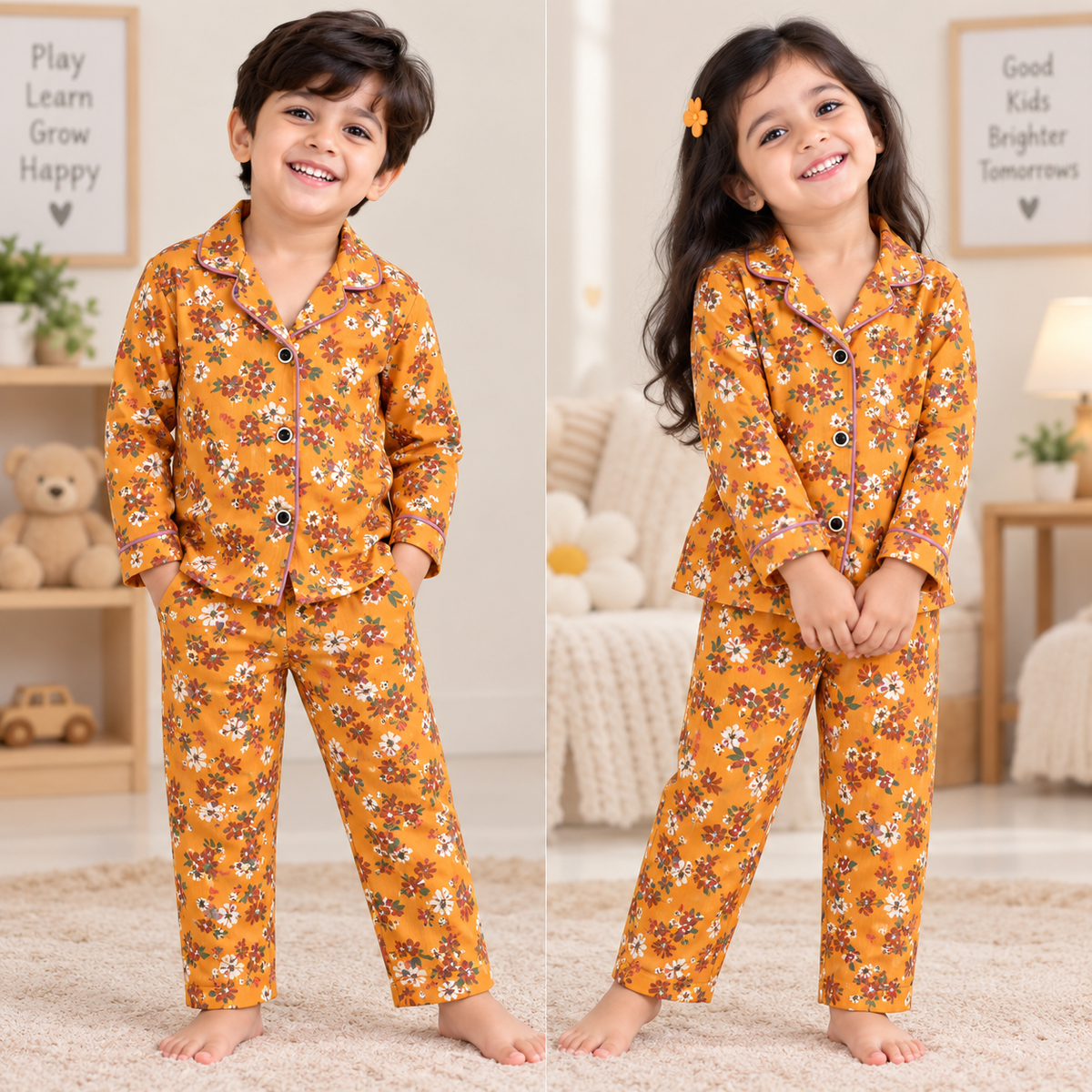Premium Ribbed Collar full Sleeves Night Suit Sets (Mustard Flowers)