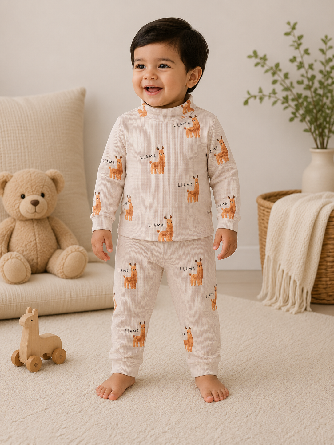 High Neck Ribbed  Full sleeves Tshirt with Pant (Orange LLama)