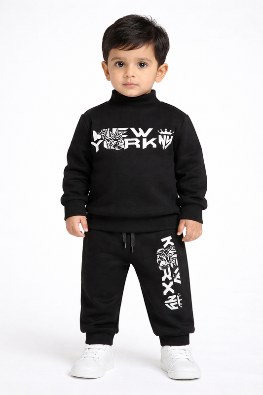 Premium Winter High Neck Pant Set For Kids(Black -New York)