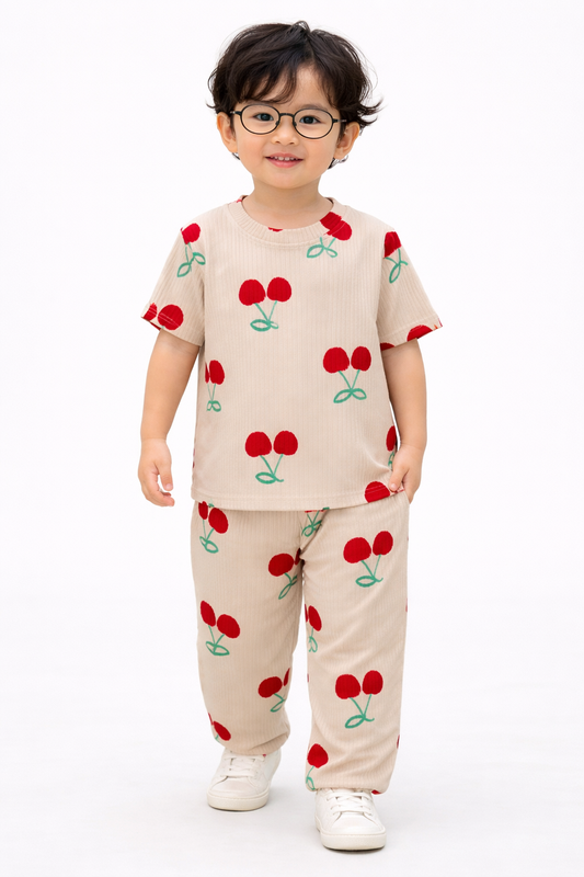 Premium Ribbed Half sleeves Tshirt with Pant (Beautiful Cherries)
