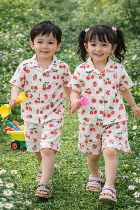 Crinkled Front open Tshirt with Shorts Sets (Bold Cherries 🍒)