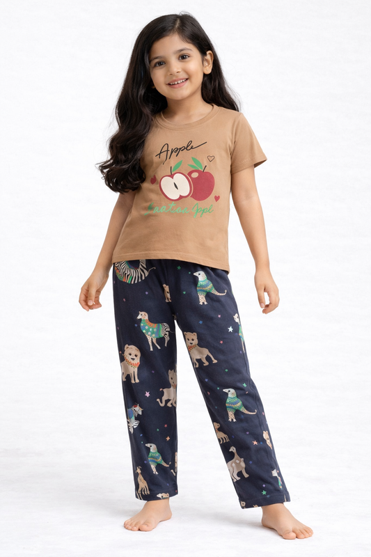 Premium Cotton Contrast Half Sleeves Pajama Set (Tan Apples-Zebra and tiger)