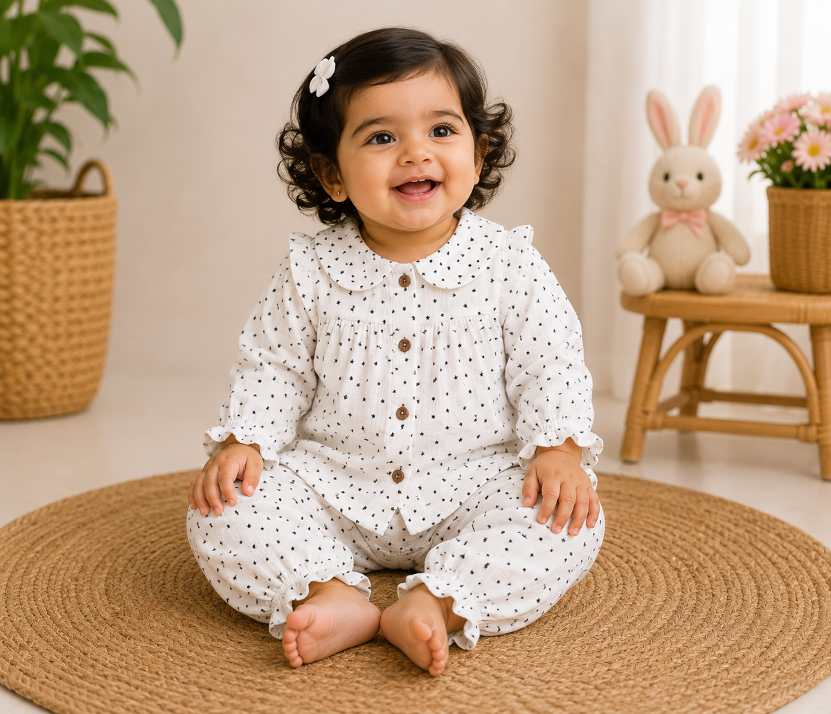 Airport - Kids Muslin  Peter Pan Collar  Balloon Sleeves Frock With Pant (White Black Star)