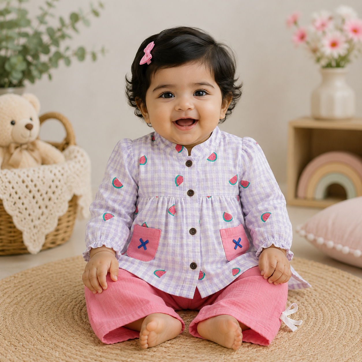 Airport - Kids Muslin  Balloon Sleeves Frock With Pant (Mauve Watermelon)