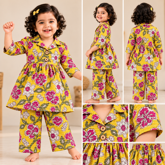 Girls Cotton Peplum Top & Pant Co-ord Set – Yellow & Pink Creeper (CP107) (Pre-booking)