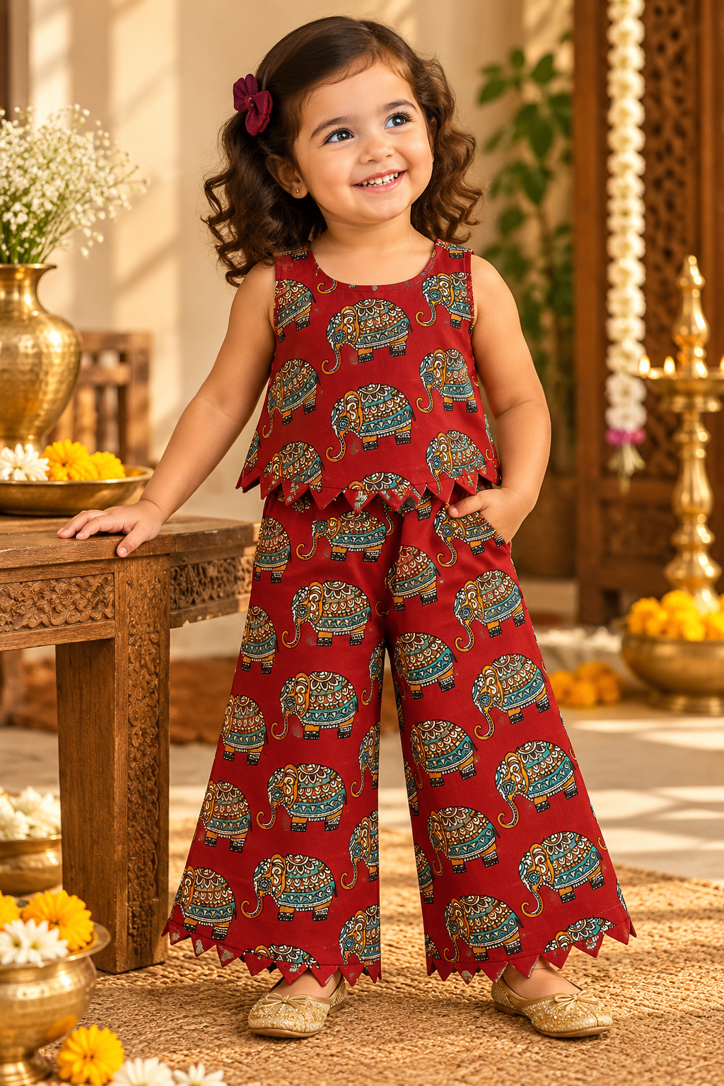 Girls Casual Cotton Printed W-Cut Top & Pant Co-ord Set(CW005) (Red Elephant)