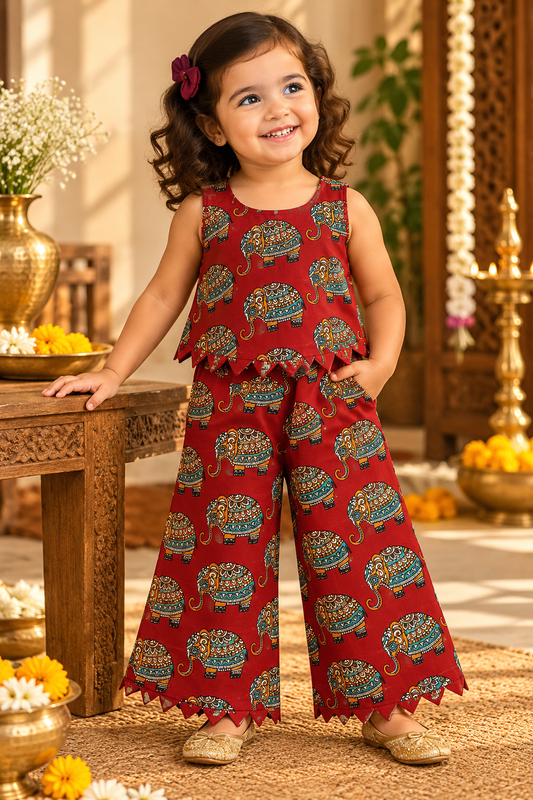Girls Casual Cotton Printed W-Cut Top & Pant Co-ord Set(CW005) (Red Elephant)