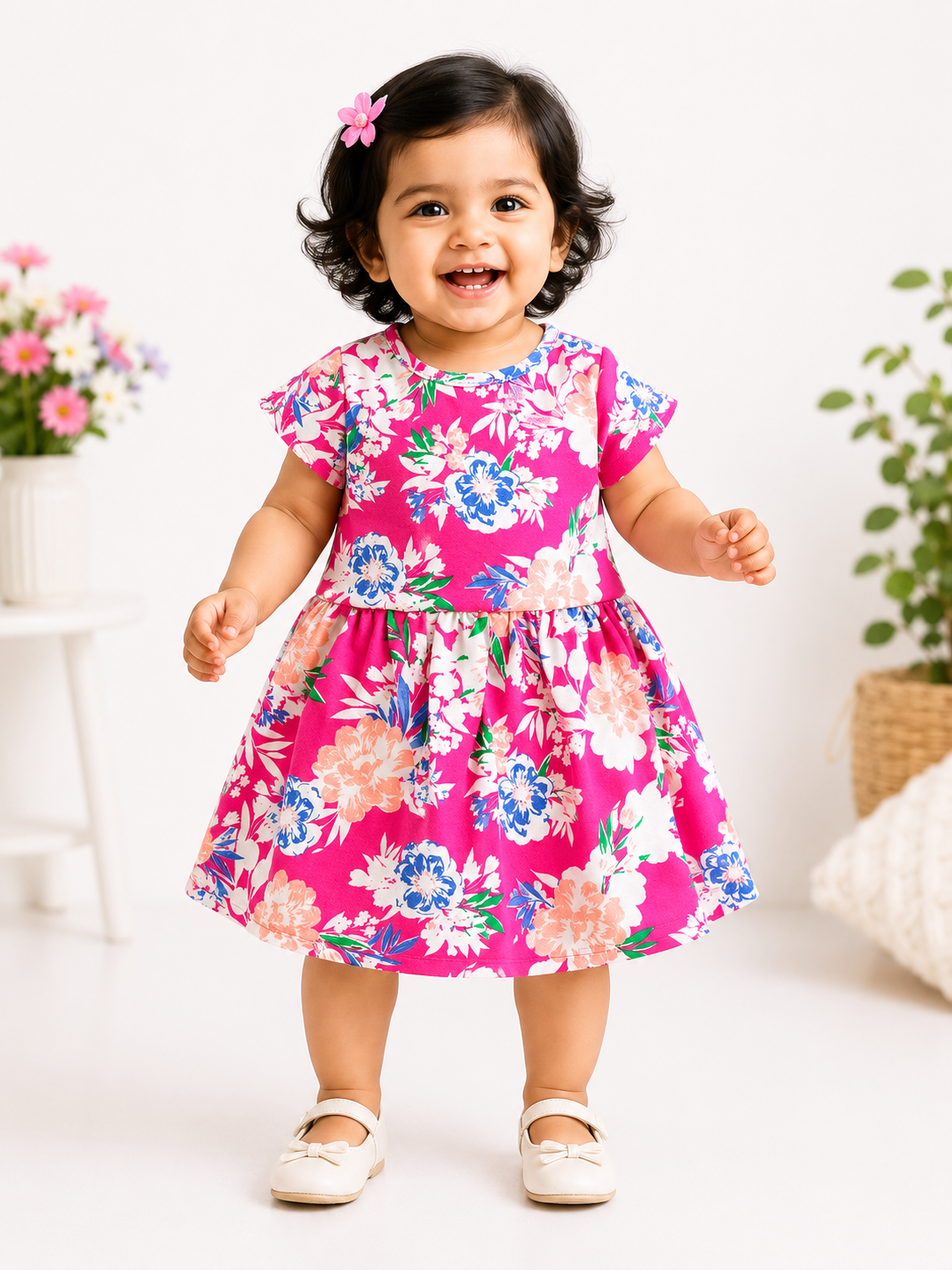 Half Sleeves  Frocks (Pink White & Flower)